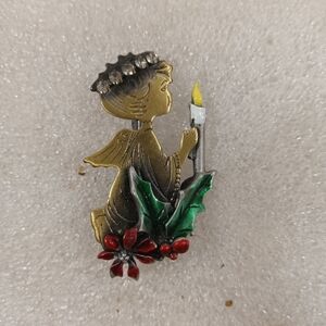 Vintage GCI Angel Holly Poinsettia Candle Pin Brooch Rhinestone Halo